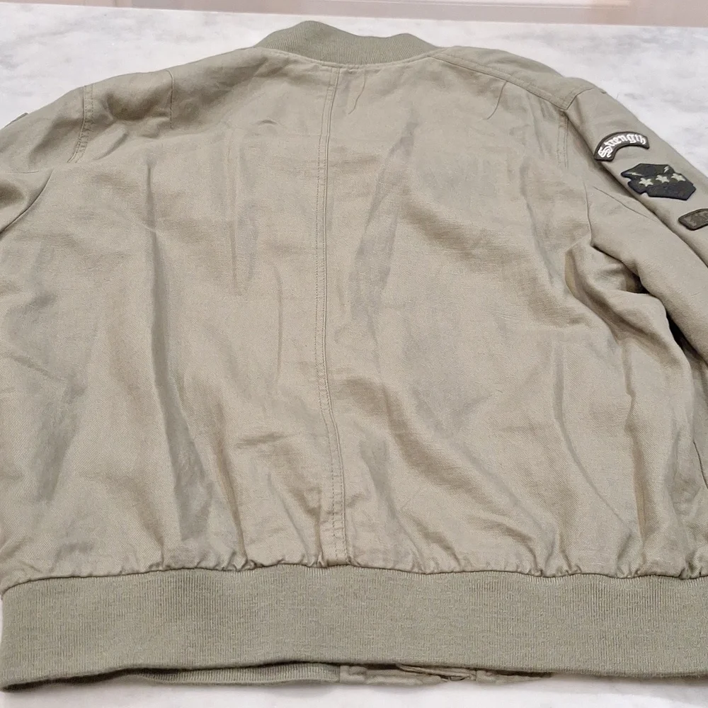 Express Mens‎ Bomber Jacket Olive Green Military Vibe New York Linen Blend AS IS
